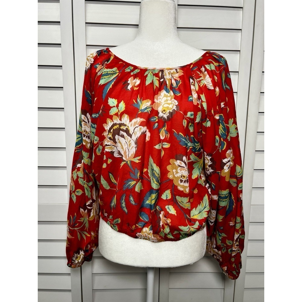 Anthropologie Maeve Lake House Red Floral Balloon Sleeve Peasant Top Size Small - Picture 3 of 12